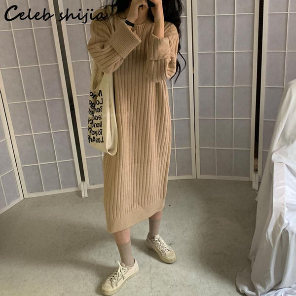 SHIJIA Khaki Long Knitted Dress Woman Autumn Winter 2022 Korean Sweater Dress Vestido Female O-neck Long Sleeve Knitwear