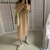 SHIJIA Khaki Long Knitted Dress Woman Autumn Winter 2022 Korean Sweater Dress Vestido Female O-neck Long Sleeve Knitwear