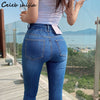 SHIJIA Light Blue Elastic Denim Woman Skinny Jeans High Waist Double Button Bottom Korean Pencil Pants Mom Jeans Street