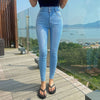 SHIJIA Light Blue Elastic Denim Woman Skinny Jeans High Waist Double Button Bottom Korean Pencil Pants Mom Jeans Street