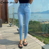 SHIJIA Light Blue Elastic Denim Woman Skinny Jeans High Waist Double Button Bottom Korean Pencil Pants Mom Jeans Street