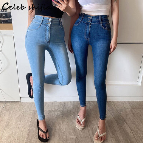 SHIJIA Light Blue Elastic Denim Woman Skinny Jeans High Waist Double Button Bottom Korean Pencil Pants Mom Jeans Street