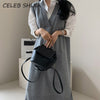 SHIJIA Chic V-neck Sleeveless Knitted Dress Female Elegant Loose Solid Long Sweater Dress Woman Autumn Pullover Winter 2022
