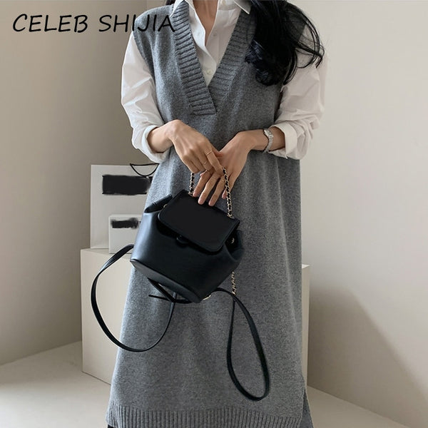 SHIJIA Chic V-neck Sleeveless Knitted Dress Female Elegant Loose Solid Long Sweater Dress Woman Autumn Pullover Winter 2022