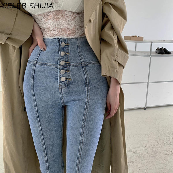 SHIJIA Single-breasted High Waist Jeans Woman Tight Elastic Sexy Pencil Pants Female Chic Korean Elastic Denim Jean Mom Trousers