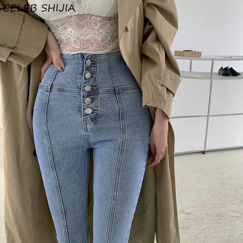 SHIJIA Single-breasted High Waist Jeans Woman Tight Elastic Sexy Pencil Pants Female Chic Korean Elastic Denim Jean Mom Trousers