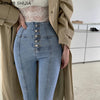 SHIJIA Single-breasted High Waist Jeans Woman Tight Elastic Sexy Pencil Pants Female Chic Korean Elastic Denim Jean Mom Trousers
