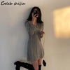 SHIJIA V-neck Sweater Dress Woman Autumn Winter Long-sleeve Knitted Dress Vestido Mujer Female Korean Loose Twist Knitwear