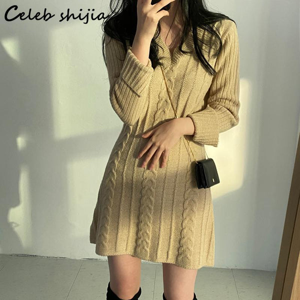 SHIJIA V-neck Sweater Dress Woman Autumn Winter Long-sleeve Knitted Dress Vestido Mujer Female Korean Loose Twist Knitwear