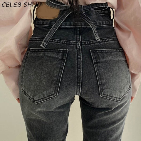 SHIJIA Vintage Straight Pants Woman High Waist Jeans Bow Gray Korean Clothes Streetwear Summer Denim Pants Mom Jeans Woman 2022