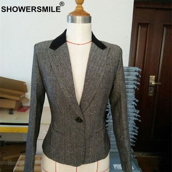 Ladies Blazers British Style Womens Tweed Jacket Herringbone Woolen Vintage Coffee Spring Women Blazers And Jackets