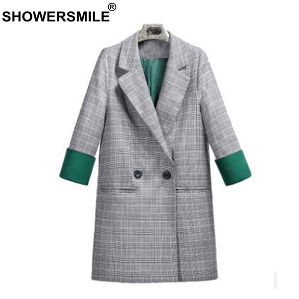 Plaid Women Blazer Houndstooth Long Double Breasted Suit Female Spring Vintage Tartan Ladies Jacket Coat Outwear