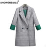Plaid Women Blazer Houndstooth Long Double Breasted Suit Female Spring Vintage Tartan Ladies Jacket Coat Outwear