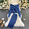 SINGRAIN Autumn Women Shiny Knitting Skirts Sets Lurex Ruffles Long Sleeves Wool Warm Sweater knitted Two Pieces Set Women