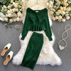 SINGRAIN Autumn Women Shiny Knitting Skirts Sets Lurex Ruffles Long Sleeves Wool Warm Sweater knitted Two Pieces Set Women