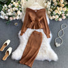 SINGRAIN Autumn Women Shiny Knitting Skirts Sets Lurex Ruffles Long Sleeves Wool Warm Sweater knitted Two Pieces Set Women