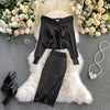 SINGRAIN Autumn Women Shiny Knitting Skirts Sets Lurex Ruffles Long Sleeves Wool Warm Sweater knitted Two Pieces Set Women