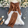 SINGRAIN Autumn Women Shiny Knitting Skirts Sets Lurex Ruffles Long Sleeves Wool Warm Sweater knitted Two Pieces Set Women
