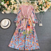 SINGRAIN Chic Retro Print Maxi Dress Women French Puff Sleeve Lace up A-line Dress Autumn Elegant Streetwear Long Robe