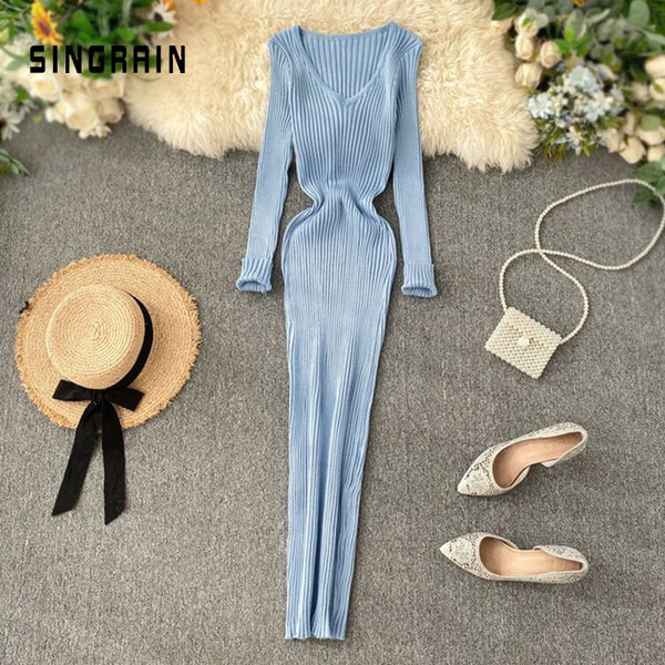 SINGRAIN Women Autumn Knitted Dress V Neck Sexy Slim Elastic Oversized Basic Bodycon Long Dress Winter knit Warm Sweater Dresses