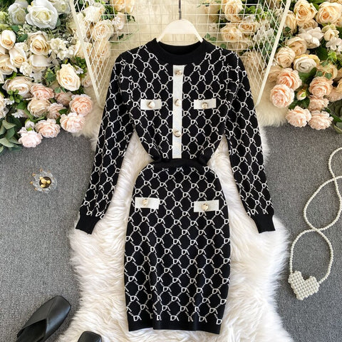 SINGRAIN Women Design Plaid Knitted Dress Korean Long Sleeve Elastic Pencil Dresses Autumn Winter Warm Bodycon Sweater Dress
