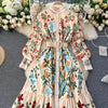 SINGRAIN Women Vintage Print Dress Autumn Stand Collar Button Puff Sleeve Long Robe Chic Flower Streetwear Maxi Dresses