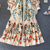 SINGRAIN Women Vintage Print Dress Autumn Stand Collar Button Puff Sleeve Long Robe Chic Flower Streetwear Maxi Dresses