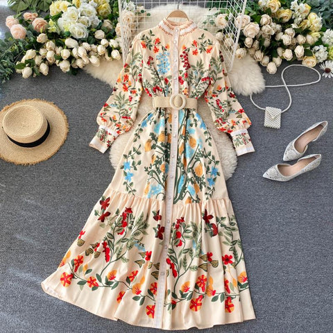 SINGRAIN Women Vintage Print Dress Autumn Stand Collar Button Puff Sleeve Long Robe Chic Flower Streetwear Maxi Dresses
