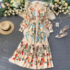 SINGRAIN Women Vintage Print Dress Autumn Stand Collar Button Puff Sleeve Long Robe Chic Flower Streetwear Maxi Dresses
