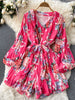 SINGREINY 2023 Summer Women Elastic Waist Beach Playsuits Wide Leg Short Pant Long Sleeves Ladies Chiffon Print Floral Bodysuits