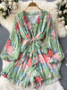 SINGREINY 2023 Summer Women Elastic Waist Beach Playsuits Wide Leg Short Pant Long Sleeves Ladies Chiffon Print Floral Bodysuits