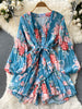 SINGREINY 2023 Summer Women Elastic Waist Beach Playsuits Wide Leg Short Pant Long Sleeves Ladies Chiffon Print Floral Bodysuits