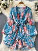 SINGREINY 2023 Summer Women Elastic Waist Beach Playsuits Wide Leg Short Pant Long Sleeves Ladies Chiffon Print Floral Bodysuits