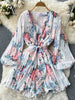 SINGREINY 2023 Summer Women Elastic Waist Beach Playsuits Wide Leg Short Pant Long Sleeves Ladies Chiffon Print Floral Bodysuits