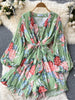 SINGREINY 2023 Summer Women Elastic Waist Beach Playsuits Wide Leg Short Pant Long Sleeves Ladies Chiffon Print Floral Bodysuits