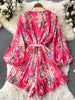 SINGREINY 2023 Summer Women Elastic Waist Beach Playsuits Wide Leg Short Pant Long Sleeves Ladies Chiffon Print Floral Bodysuits