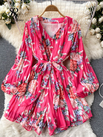 SINGREINY 2023 Summer Women Elastic Waist Beach Playsuits Wide Leg Short Pant Long Sleeves Ladies Chiffon Print Floral Bodysuits