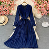 SINGREINY Autumn Korean Pleated Dress Women Long Sleeve V Neck Sashes A-line Dresses 2022 Casual Streetwear Midi Dress