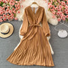 SINGREINY Autumn Korean Pleated Dress Women Long Sleeve V Neck Sashes A-line Dresses 2022 Casual Streetwear Midi Dress
