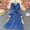 SINGREINY Autumn Korean Pleated Dress Women Long Sleeve V Neck Sashes A-line Dresses 2022 Casual Streetwear Midi Dress