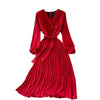 SINGREINY Autumn Korean Pleated Dress Women Long Sleeve V Neck Sashes A-line Dresses 2022 Casual Streetwear Midi Dress