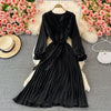 SINGREINY Autumn Korean Pleated Dress Women Long Sleeve V Neck Sashes A-line Dresses 2022 Casual Streetwear Midi Dress