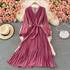 SINGREINY Autumn Korean Pleated Dress Women Long Sleeve V Neck Sashes A-line Dresses 2022 Casual Streetwear Midi Dress