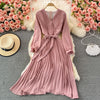 SINGREINY Autumn Korean Pleated Dress Women Long Sleeve V Neck Sashes A-line Dresses 2022 Casual Streetwear Midi Dress