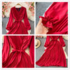SINGREINY Autumn Korean Pleated Dress Women Long Sleeve V Neck Sashes A-line Dresses 2022 Casual Streetwear Midi Dress