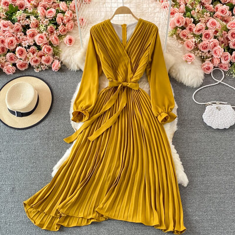 SINGREINY Autumn Korean Pleated Dress Women Long Sleeve V Neck Sashes A-line Dresses 2022 Casual Streetwear Midi Dress