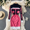 SINGREINY Chic Letter Print Knitted Dress Women Long Sleeve Elastic Slim Pencil Dress Autumn Winter Korean Bodycon Sweater Dress