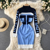 SINGREINY Chic Letter Print Knitted Dress Women Long Sleeve Elastic Slim Pencil Dress Autumn Winter Korean Bodycon Sweater Dress
