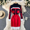 SINGREINY Chic Letter Print Knitted Dress Women Long Sleeve Elastic Slim Pencil Dress Autumn Winter Korean Bodycon Sweater Dress