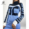 SINGREINY Chic Letter Print Knitted Dress Women Long Sleeve Elastic Slim Pencil Dress Autumn Winter Korean Bodycon Sweater Dress